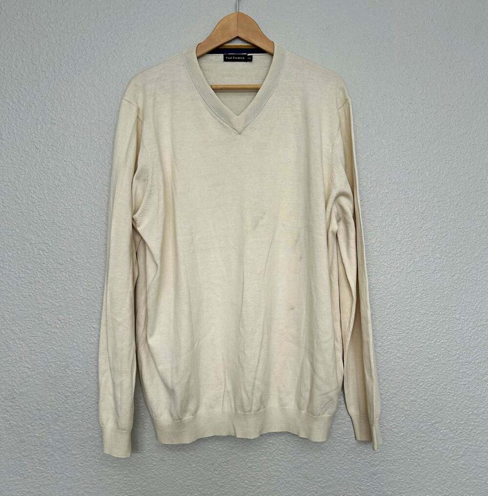 Paul Fredrick V-Neck Silk Blend Pullover Sweater Cream Men's 2XL Long Sleeve